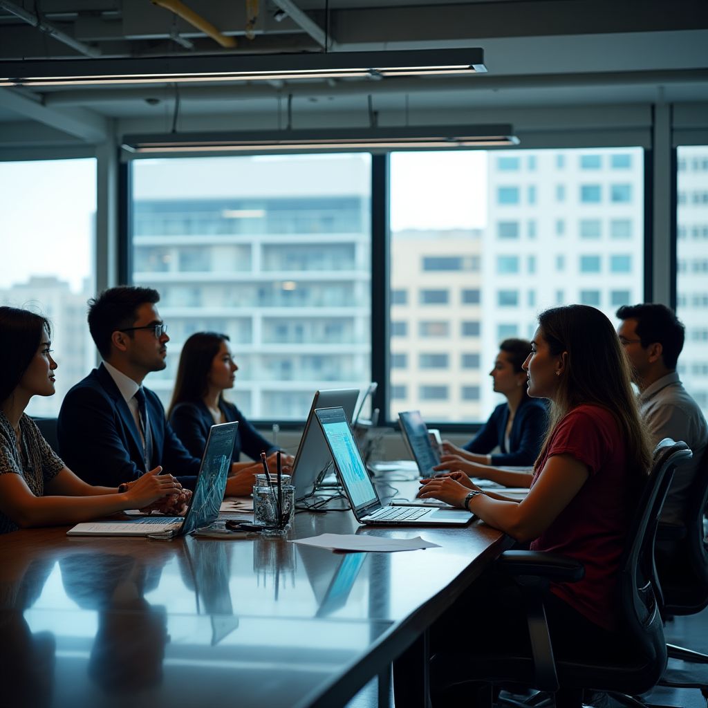Equipo de asesores financieros en reunión estratégica